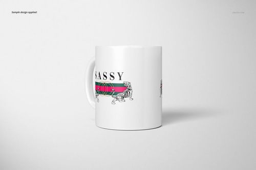 Front view of a white 11oz mug featuring a mockup design with bold text and illustrated tigers on a striped band.