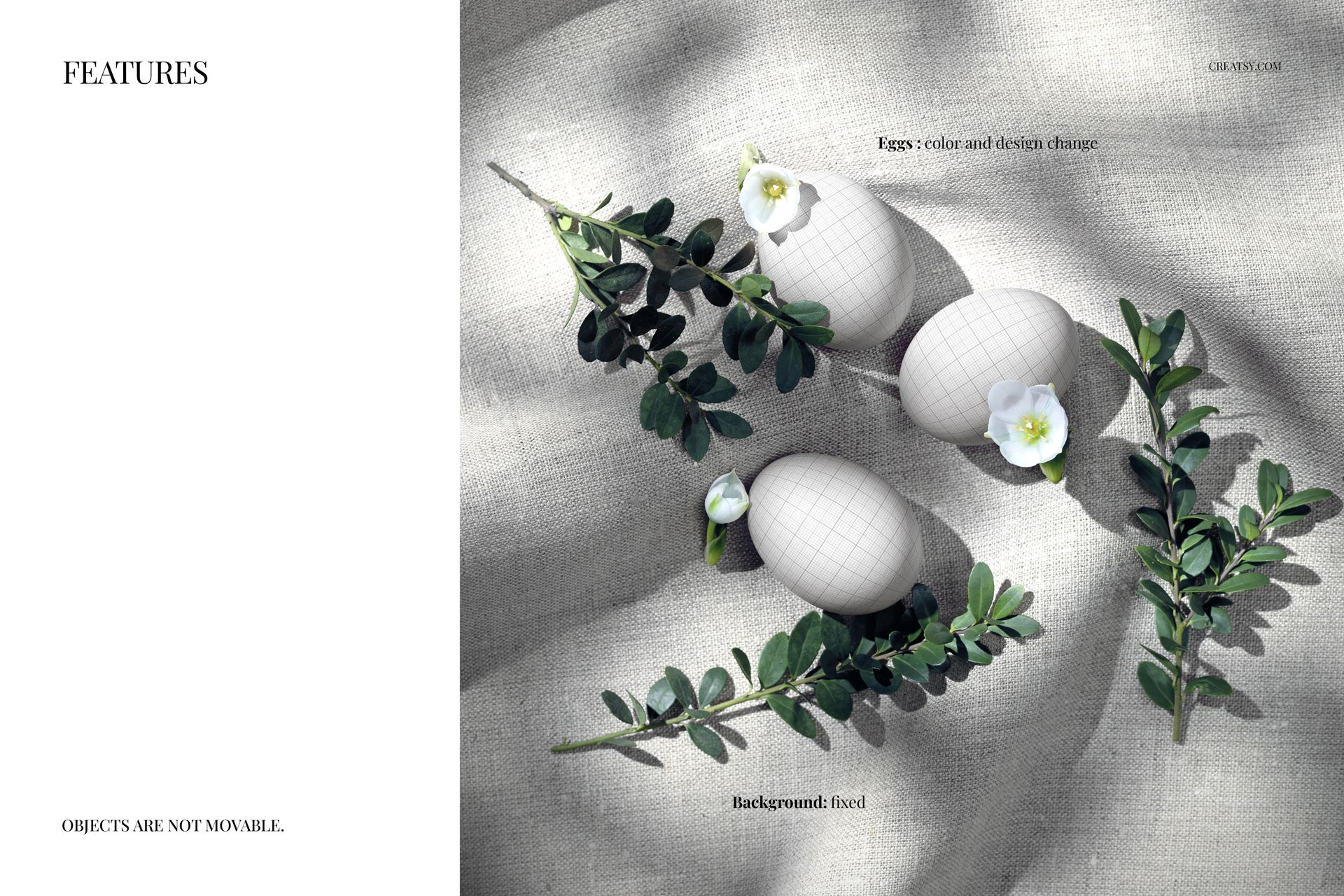PSD mockup featuring three Easter eggs on textured linen fabric, accented by greenery and delicate white blossoms, overhead angle.