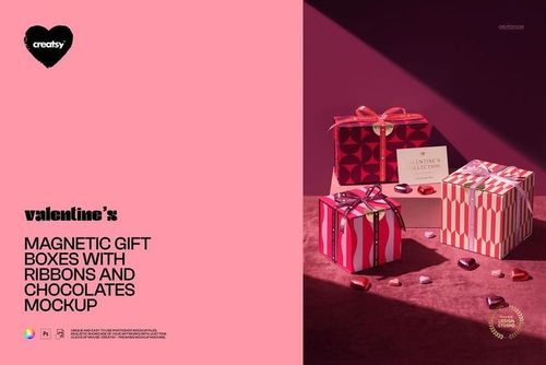PSD mockup featuring magnetic gift boxes with patterned designs and ribbons, arranged with chocolates on a velvet surface.