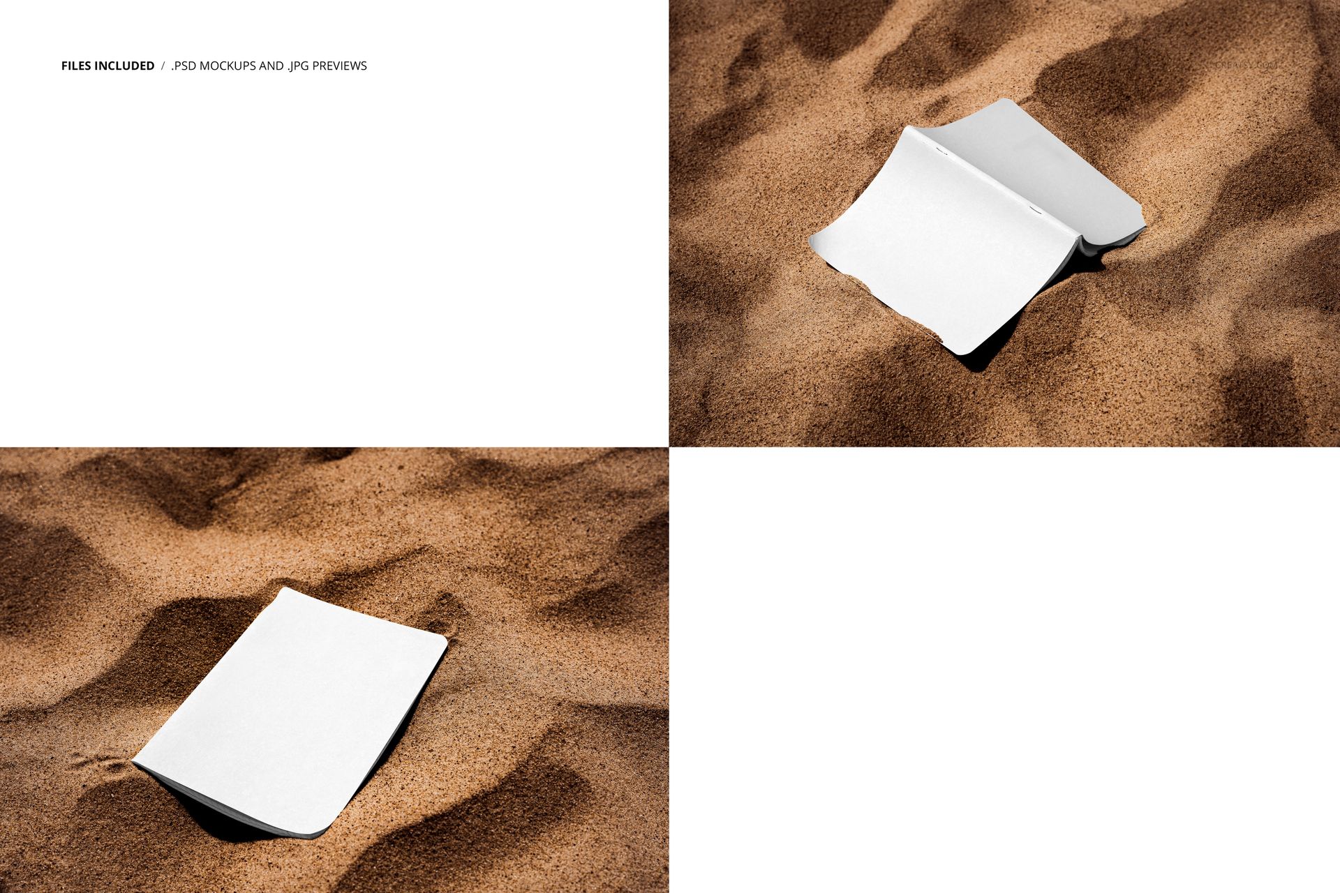 Open notebook with blank white pages lying on sandy beach, shown from above and at an angle in a stationery mockup.