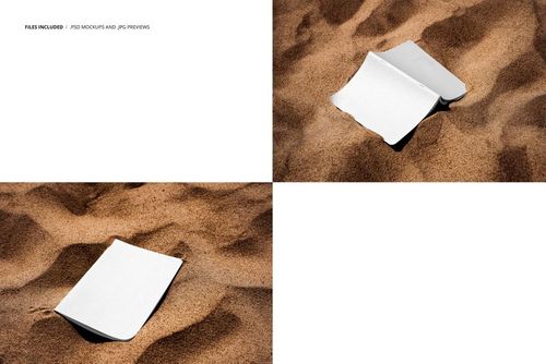 Open notebook with blank white pages lying on sandy beach, shown from above and at an angle in a stationery mockup.