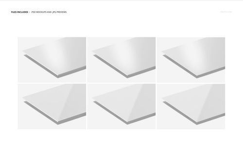 Closeup view of six acrylic glass print mockups in different thicknesses and finishes, arranged in two rows on a light background.