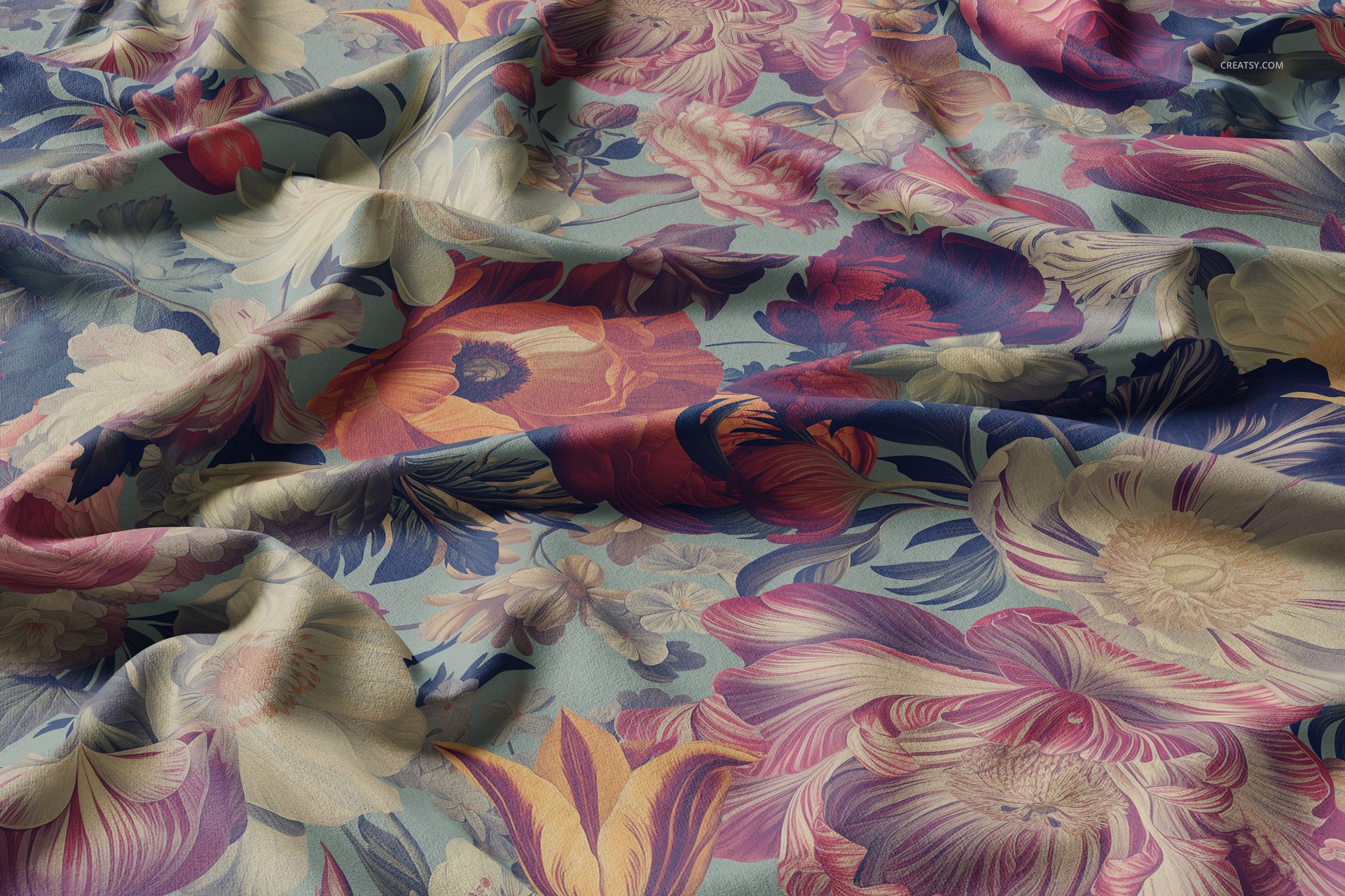Polyester velvet fabric mockup featuring a colorful floral pattern, shown in a close-up view with natural folds.
