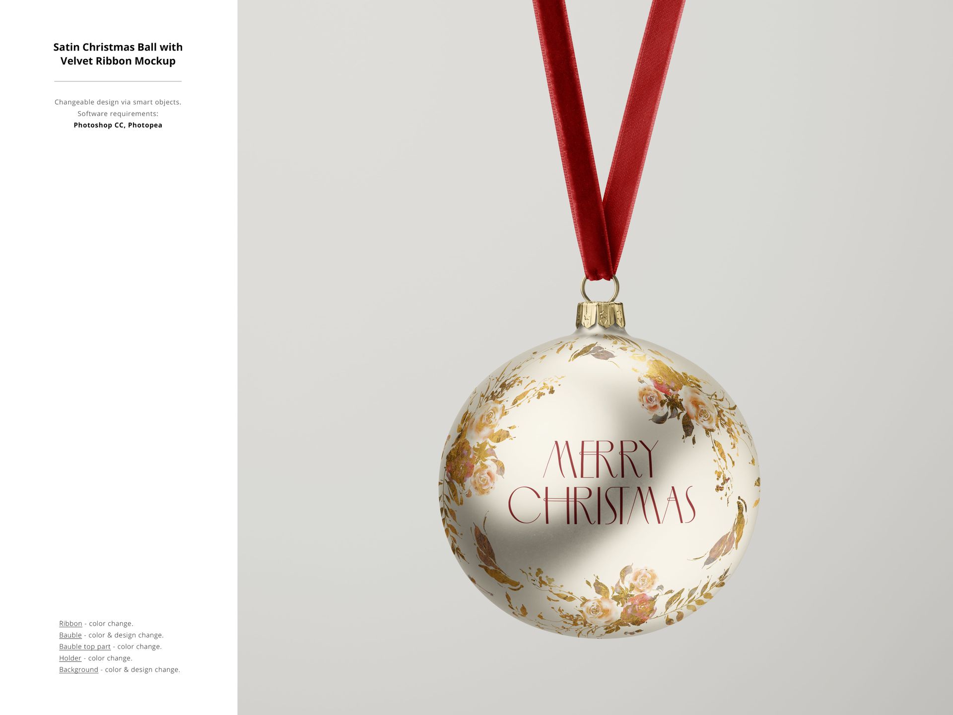 PSD mockup showing a round holiday ornament with elegant floral design and Merry Christmas lettering on a light background.