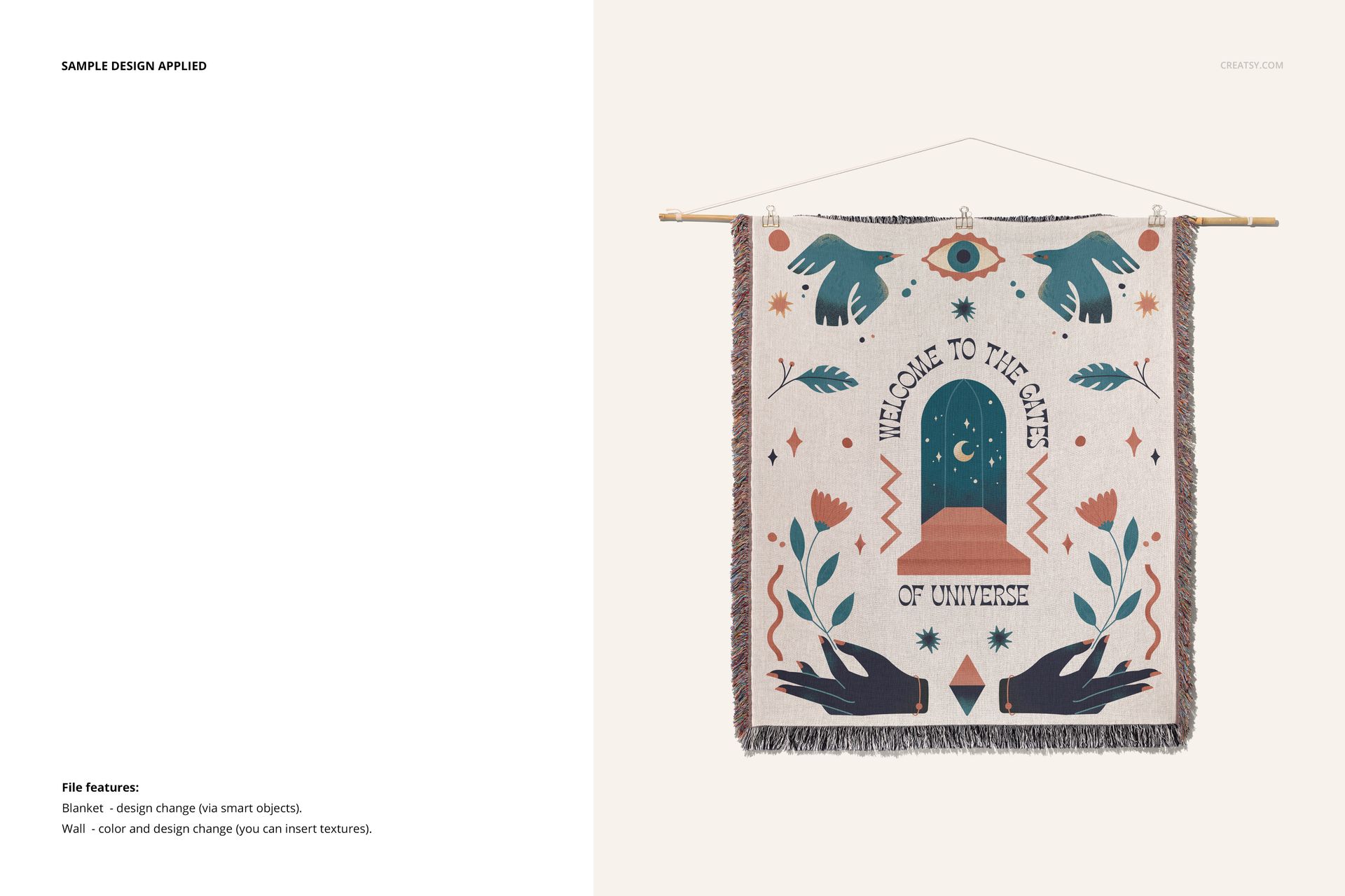 Fringed woven throw blanket mockup hanging on a wall, featuring a colorful abstract design and neutral background.