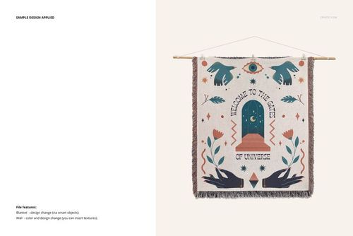 Fringed woven throw blanket mockup hanging on a wall, featuring a colorful abstract design and neutral background.