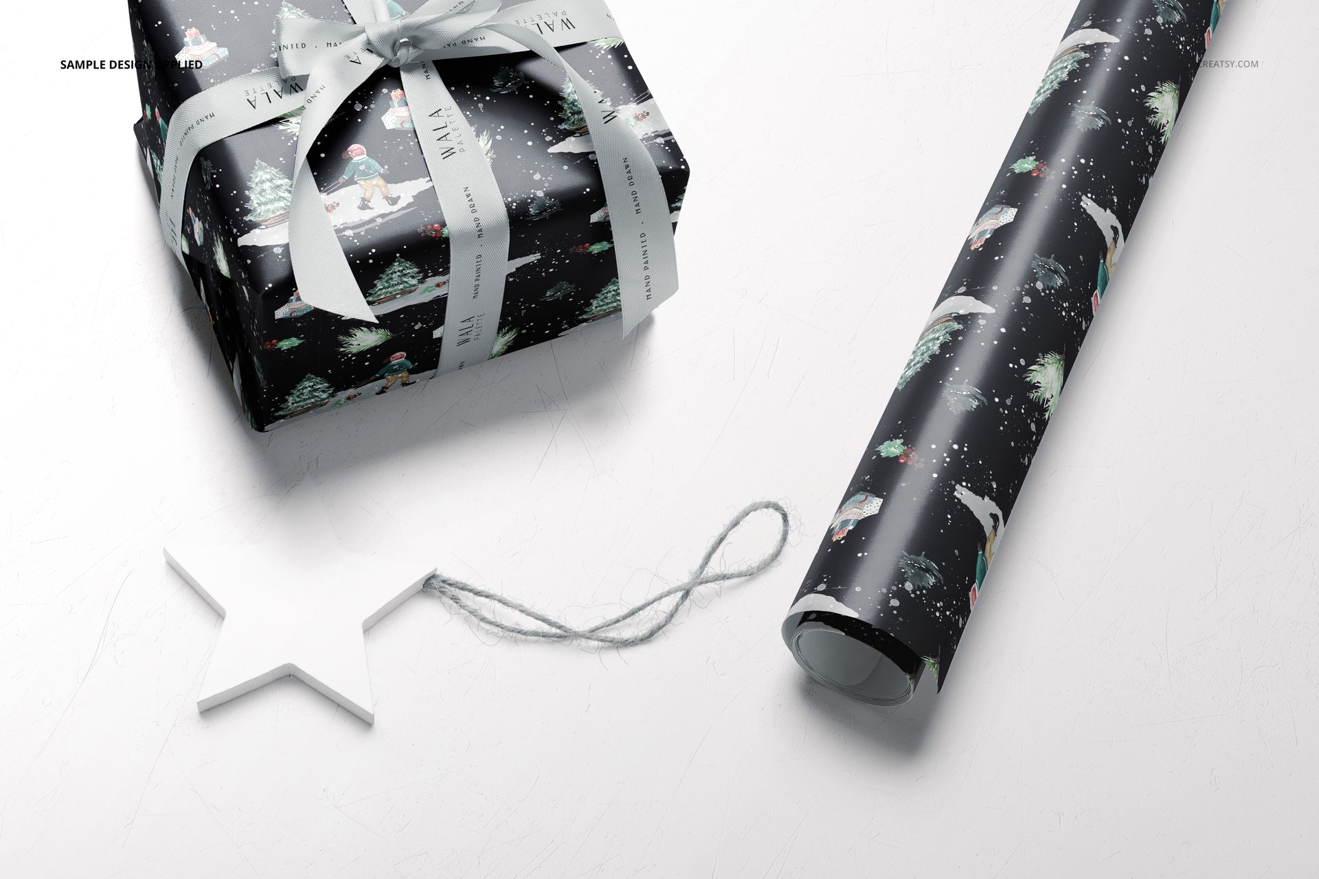 Gift wrapping paper mockup featuring a roll and a wrapped box with festive designs, displayed on a light background.