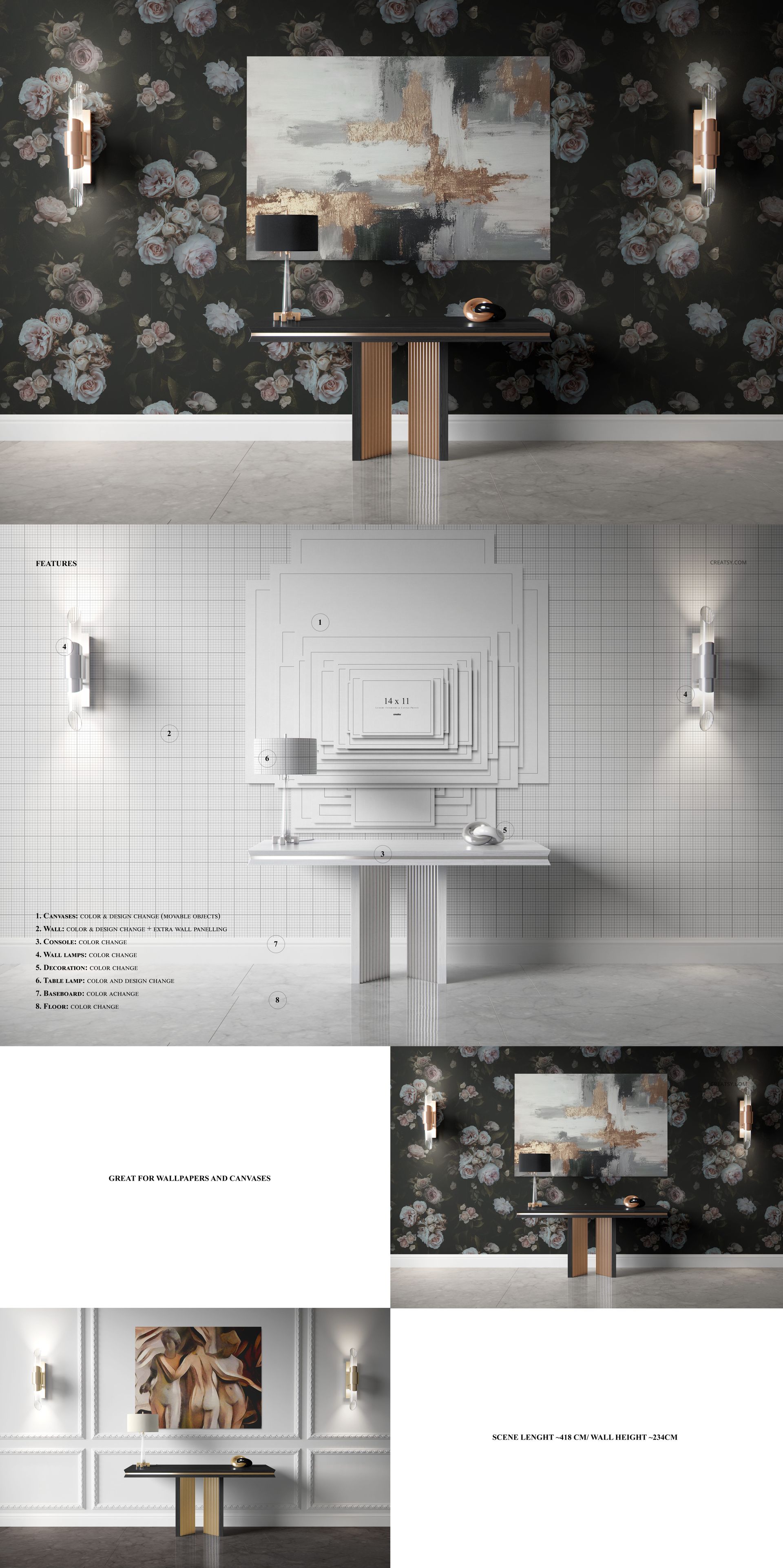 PSD mockup showing a living room setup with dark floral wallpaper, wall art, console table, and metallic sconces.