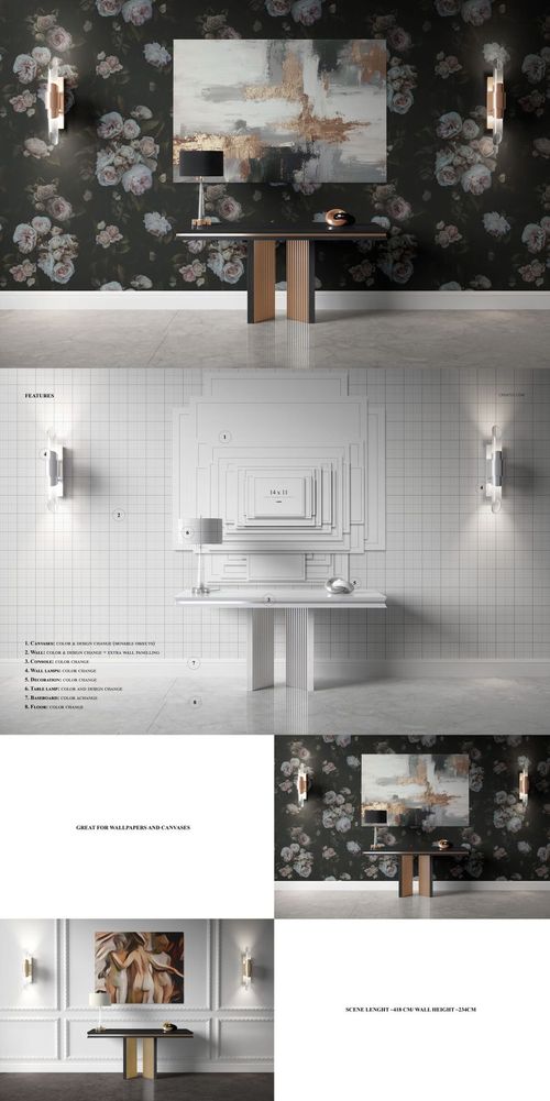 PSD mockup showing a living room setup with dark floral wallpaper, wall art, console table, and metallic sconces.