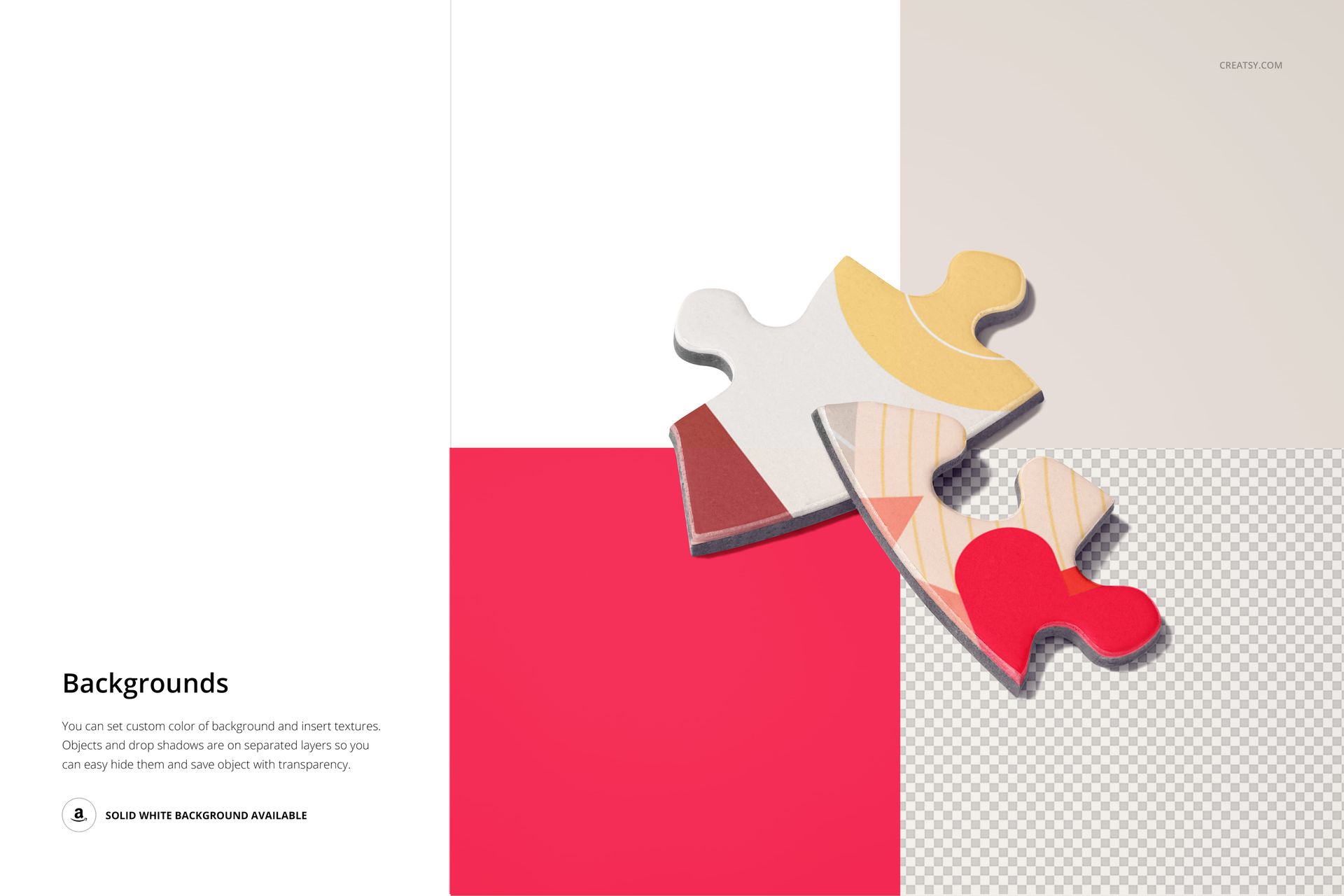 Single heart-shaped jigsaw puzzle piece mockup with abstract pastel design on a split white and pink background.