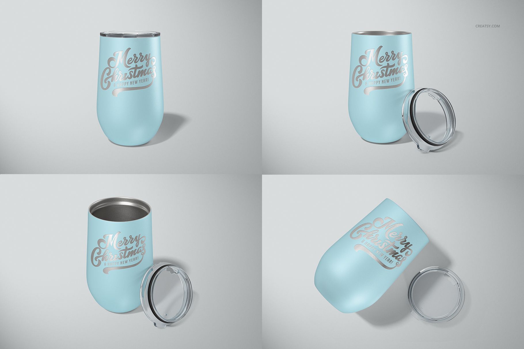 Set of four 16 oz stemless wine cups in light blue with silver lids, shown from various angles on a plain background.