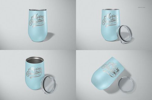 Set of four 16 oz stemless wine cups in light blue with silver lids, shown from various angles on a plain background.