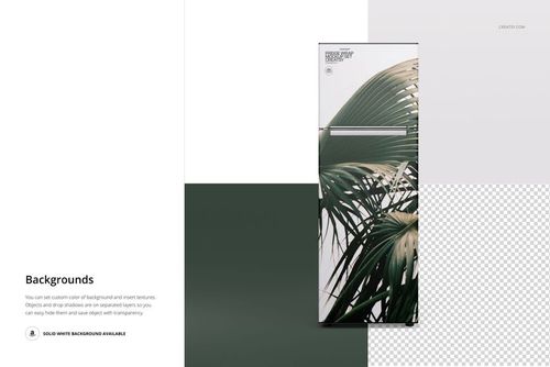 PSD mockup of a refrigerator with tropical leaf artwork on the door, set against a minimalist color-block background.