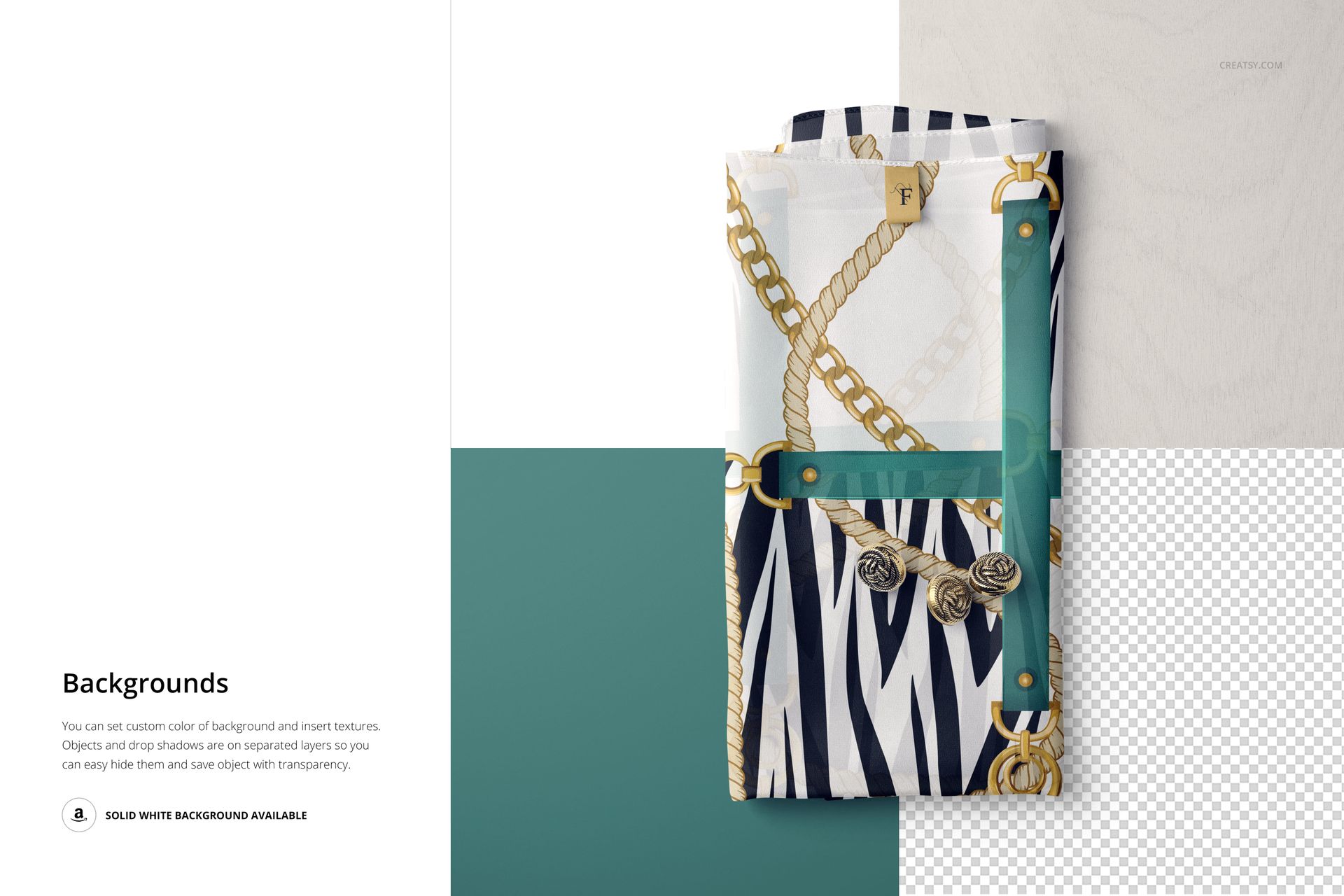 Stacked silk scarves with gold chain and zebra designs, shown from a top view on a teal and transparent PSD mockup background.