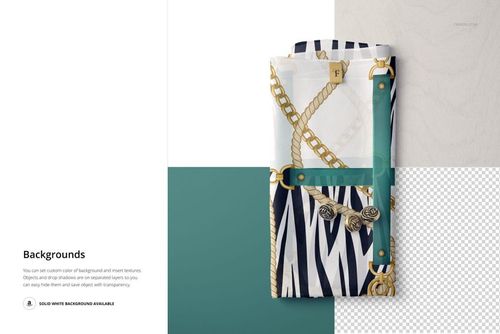 Stacked silk scarves with gold chain and zebra designs, shown from a top view on a teal and transparent PSD mockup background.