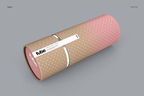 Cardboard paper tube mockup featuring a dotted pattern in pink and brown tones, displayed on a gray background.