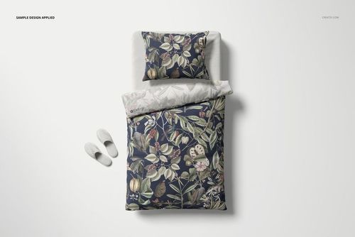 Austrian size bedding set mockup with floral patterned duvet and pillow, shown from a top view on a white background.