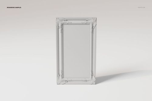 Front view of a detailed ornate poster frame with intricate decorative corners, rendered in a neutral white color.