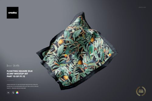 Silk scarf mockup featuring a square shape and vibrant botanical print, displayed floating with visible rolled hem.
