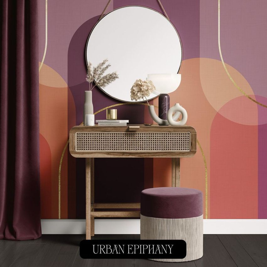 Dressing table mockup featuring a round mirror, decorative lamp, books, and vases against a geometric patterned wall.