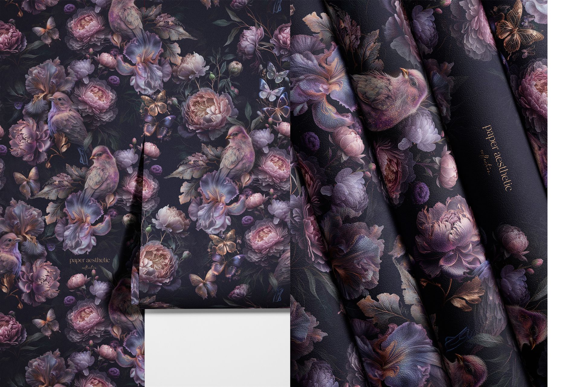 Floral and bird patterned non-woven wallpaper mockup with rich purple and pink tones, displayed folded and flat.