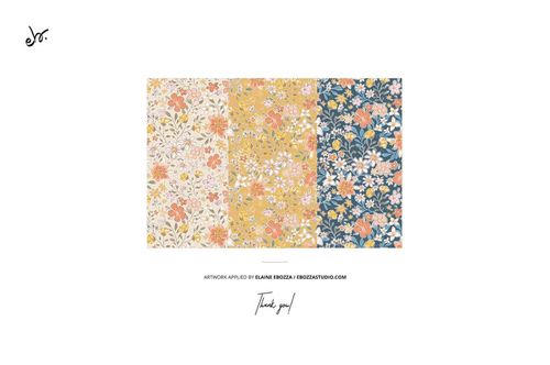 PSD mockup showing three garden-inspired fabric swatches with yellow blooms and leafy designs in different colors.