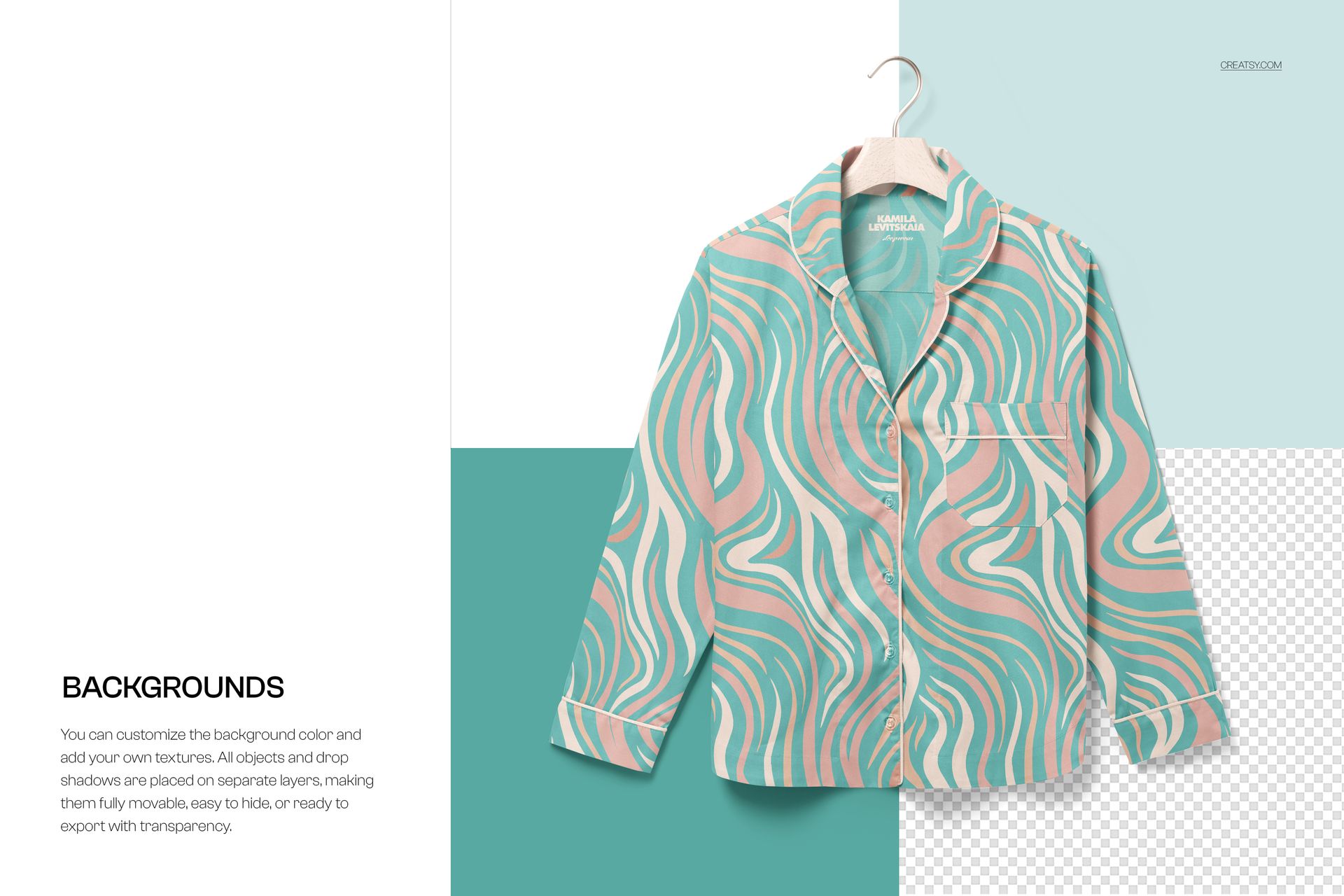 Long-sleeve pajama top with abstract teal and beige swirl pattern, front view on hanger, mockup scene.