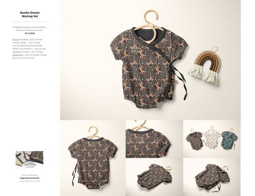 PSD mockup featuring a detailed baby onesie with botanical prints, presented alongside a woven rainbow ornament for kids.