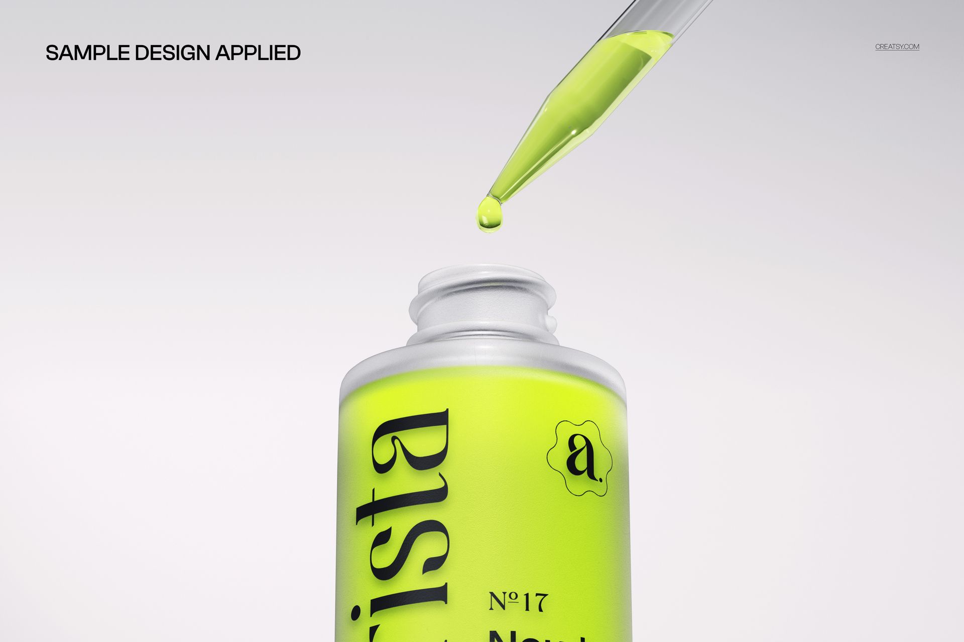 PSD mockup showing a detailed close-up of a pipette and dropper bottle with neon yellow fluid against a light background.