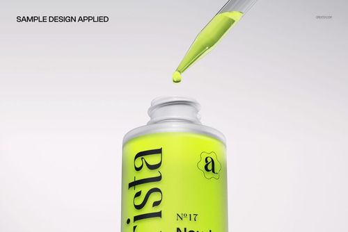 PSD mockup showing a detailed close-up of a pipette and dropper bottle with neon yellow fluid against a light background.