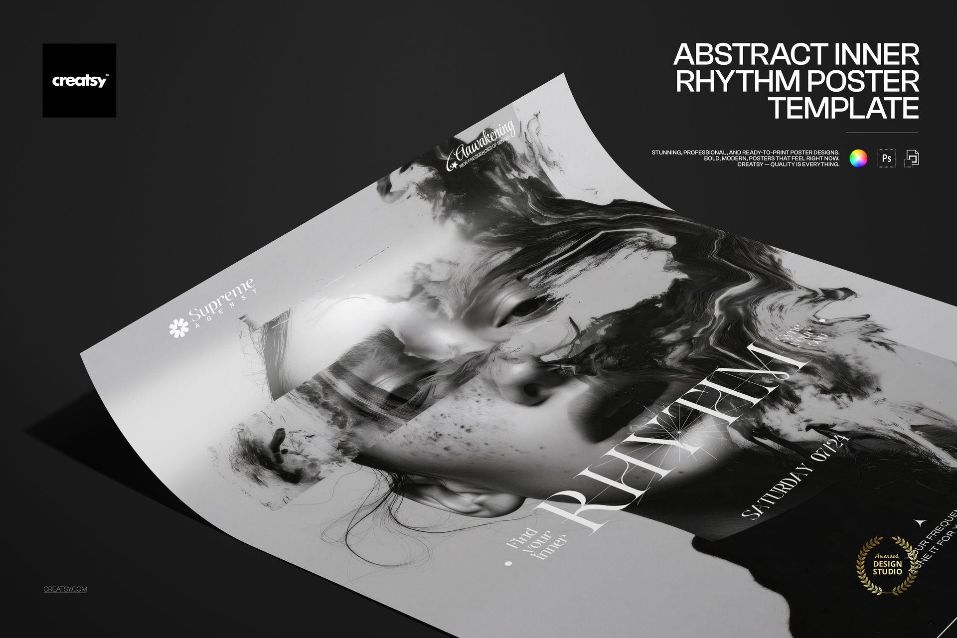 Front view of an abstract poster mockup featuring a monochrome swirling pattern and a blurred human face design.