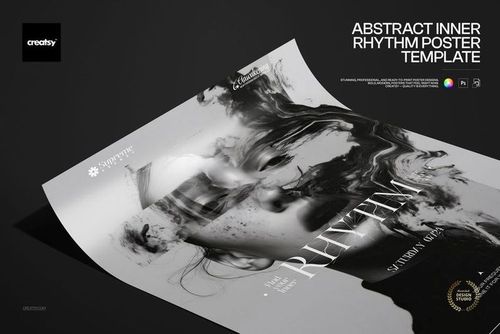 Front view of an abstract poster mockup featuring a monochrome swirling pattern and a blurred human face design.