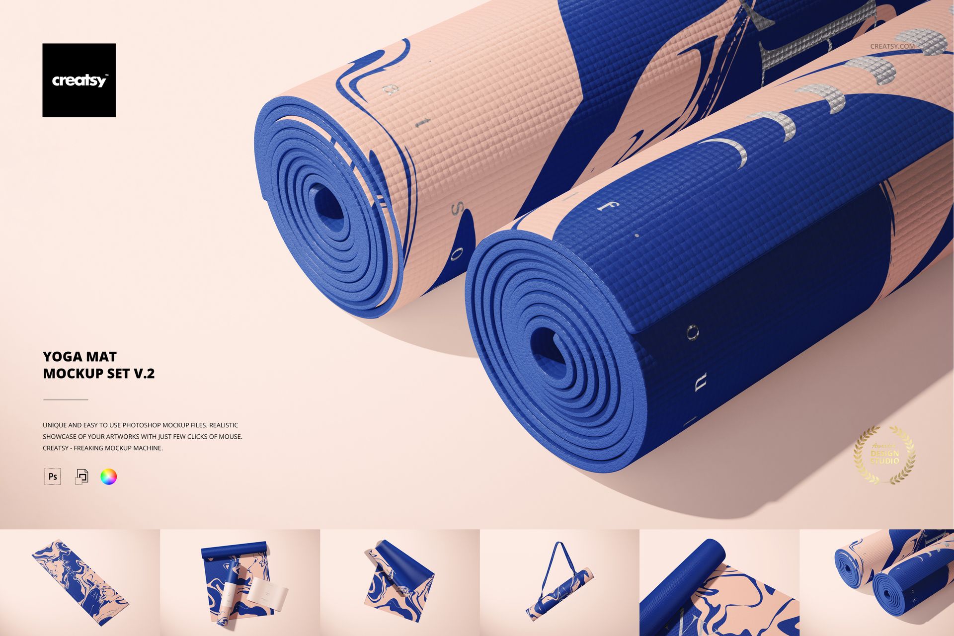 Yoga mat PSD mockup set with rolled and open mats in blue and beige, arranged on a neutral surface.