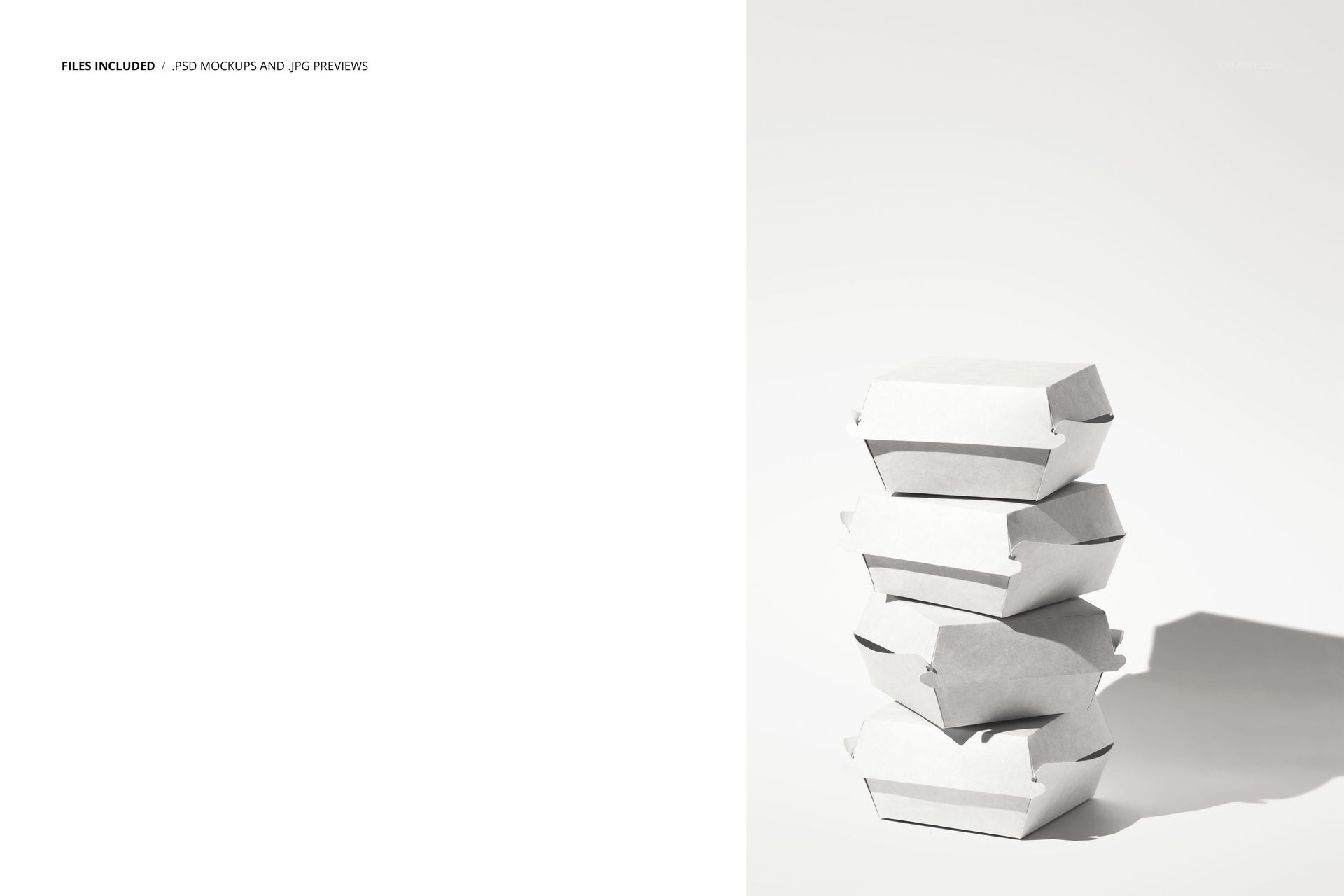 Stack of four white rectangular burger boxes arranged vertically on a light surface, shown in side view with shadows.