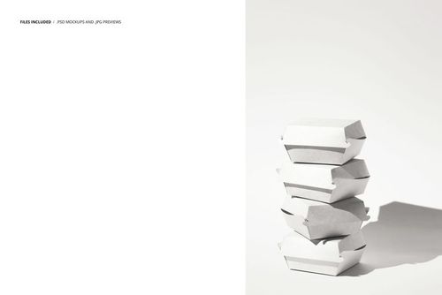 Stack of four white rectangular burger boxes arranged vertically on a light surface, shown in side view with shadows.