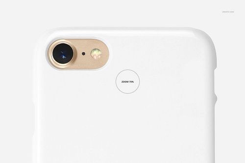Close-up front view of a white plastic iPhone 7 case mockup showing camera and lens details on a light background.