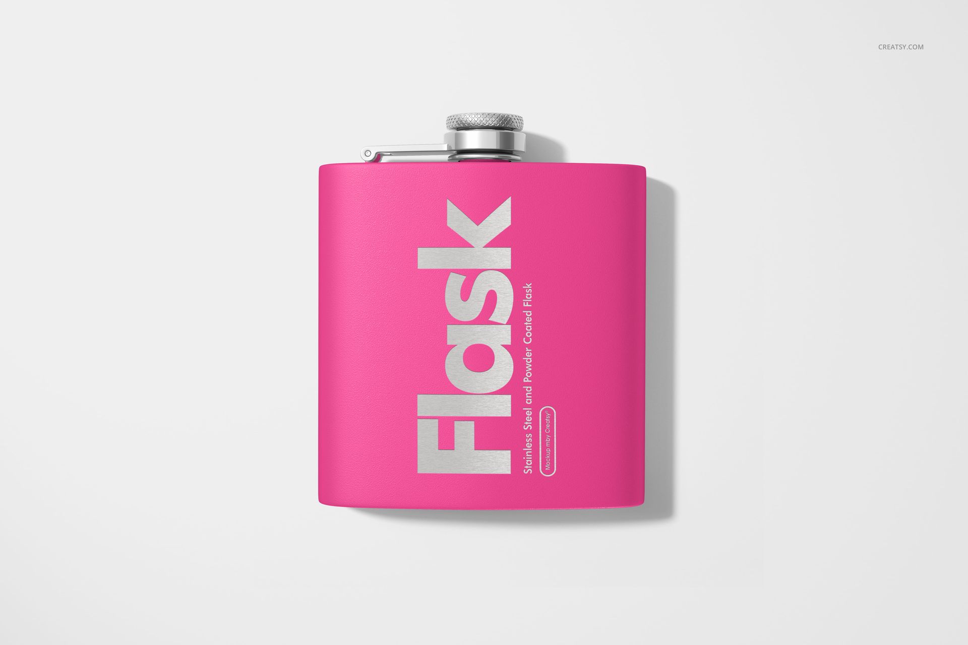 PSD mockup of a rectangular flask in vivid pink color, silver screw cap, and large text, shown from overhead.
