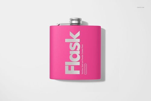 PSD mockup of a rectangular flask in vivid pink color, silver screw cap, and large text, shown from overhead.