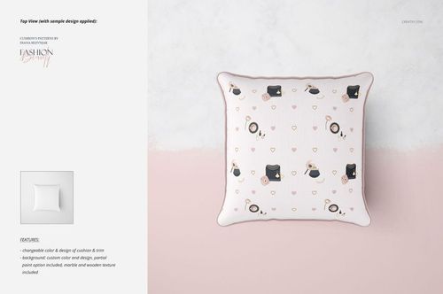 Square cushion mockup displayed from above, featuring a soft color scheme and whimsical printed design elements.
