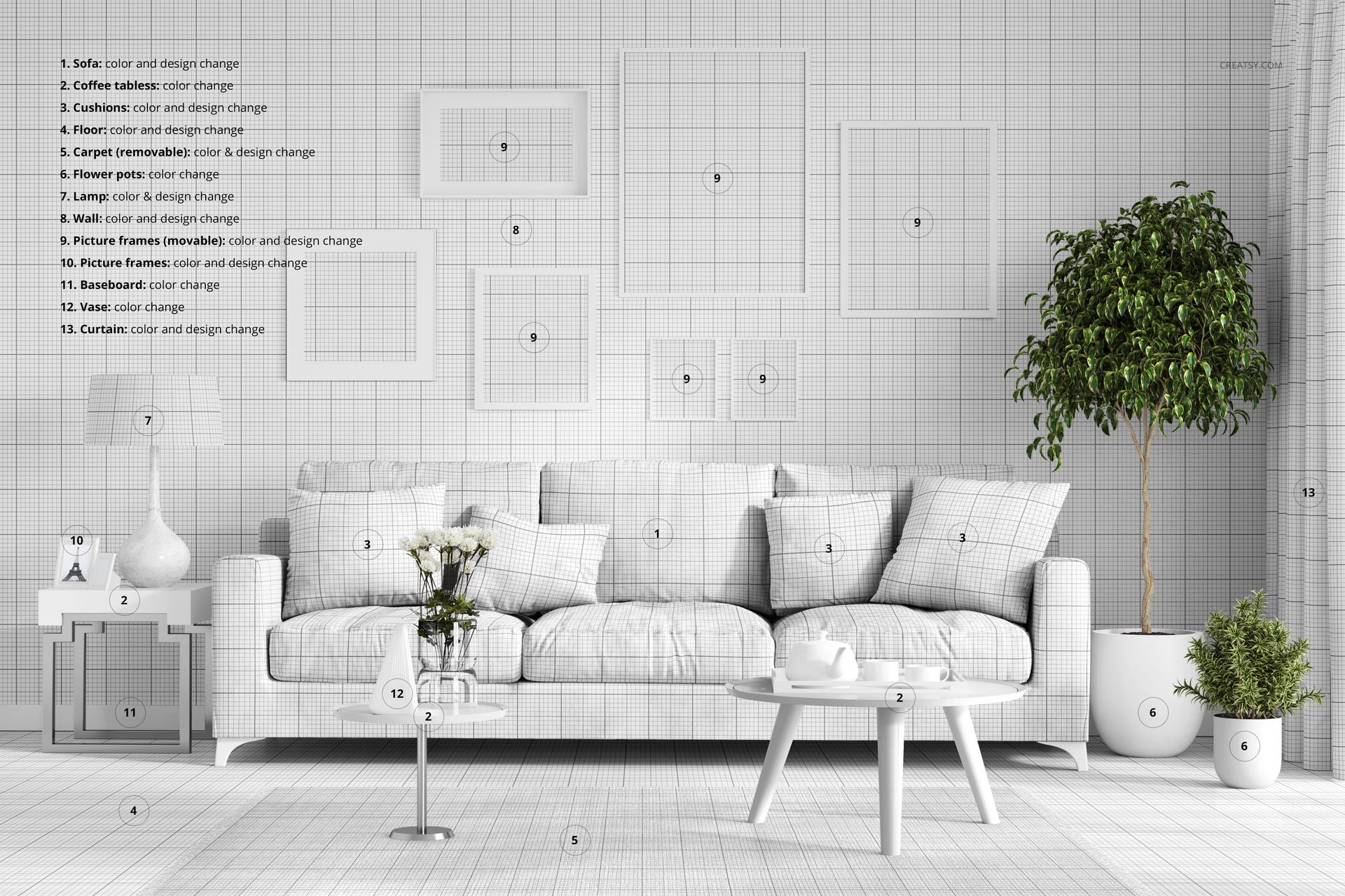 Front view of a classic living room with a white sofa, patterned pillows, coffee table, and potted plant in a PSD mockup scene.