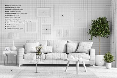Front view of a classic living room with a white sofa, patterned pillows, coffee table, and potted plant in a PSD mockup scene.