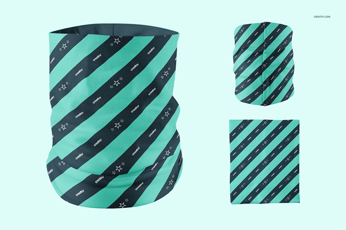 PSD mockup of a neck gaiter featuring teal and dark gray diagonal stripes, displayed in multiple perspectives.