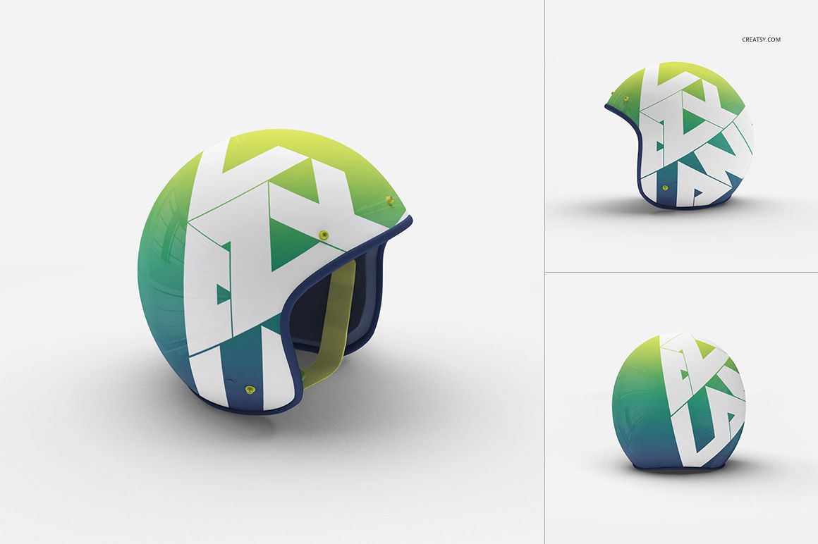 PSD mockup of an open face motorcycle helmet featuring bold white shapes over a gradient green and blue design.