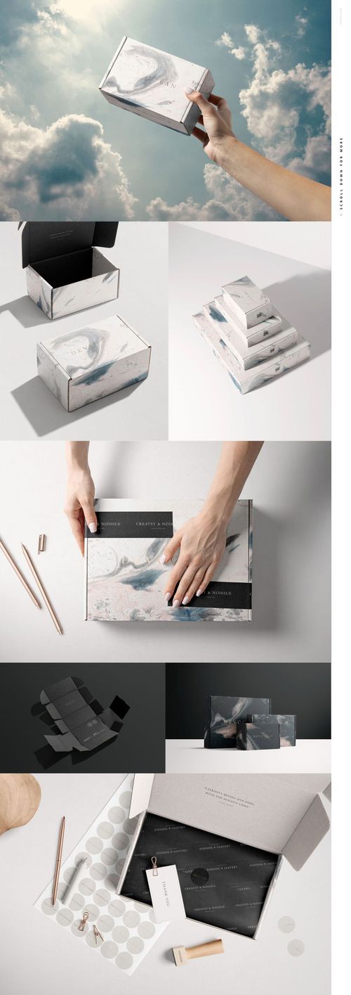 Hand holding a mailing box with a marble design against a sky background, plus multiple box mockups on a white surface.