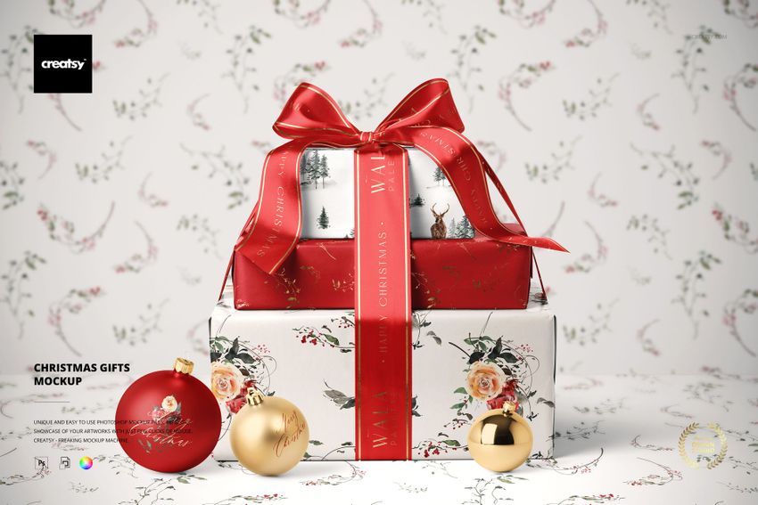 Christmas gifts PSD mockup featuring stacked presents, floral and winter patterns, and shiny baubles in a festive arrangement.