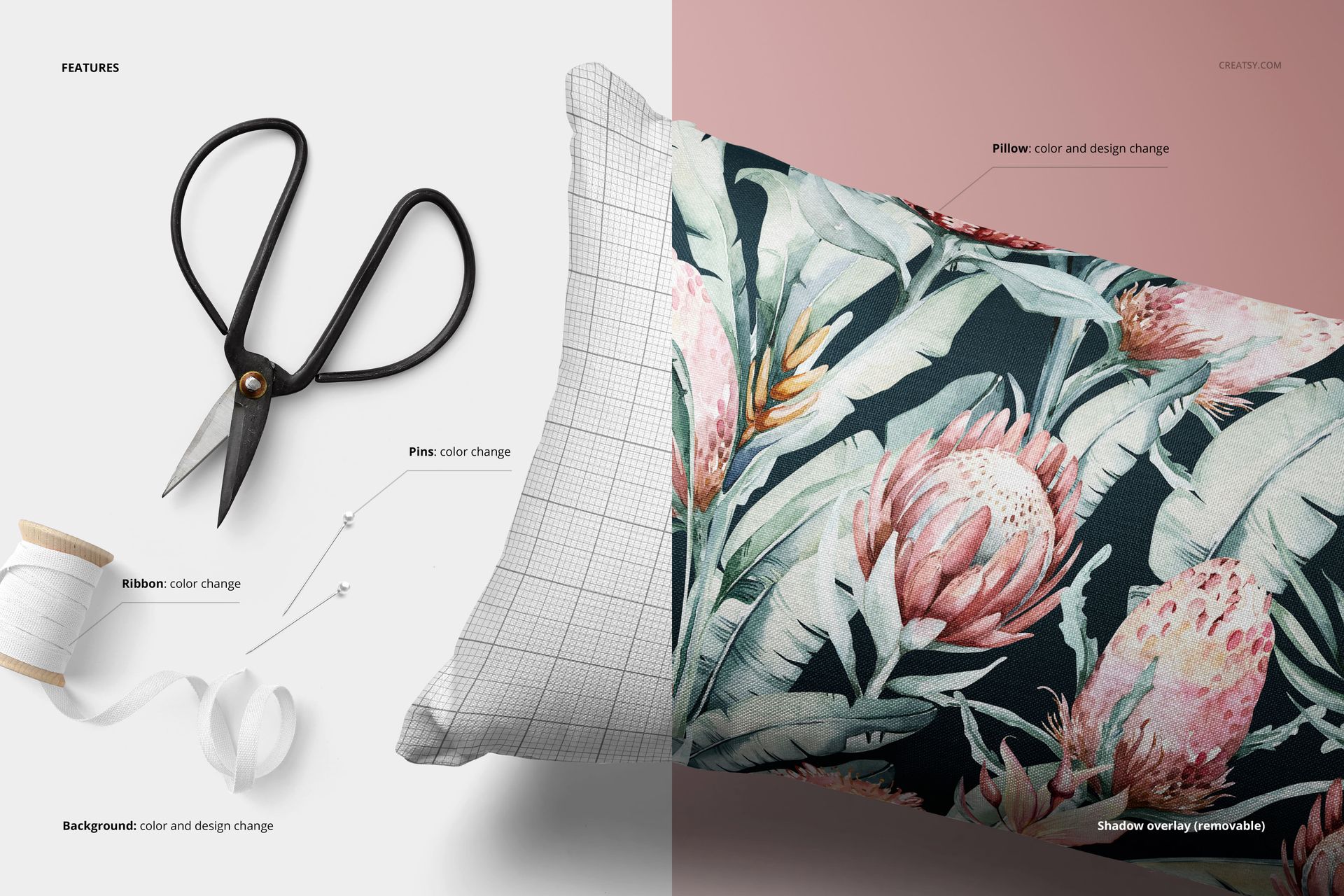 Rectangular pillow mockup featuring a botanical design, shown with scissors and ribbon on a pink and white background.