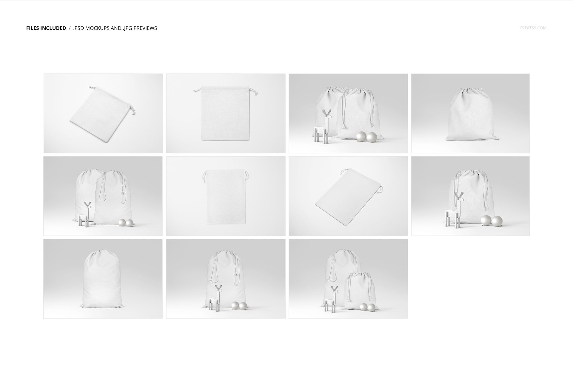 Christmas drawstring sacks mockup set showing large and small white fabric bags from various angles on a plain background.