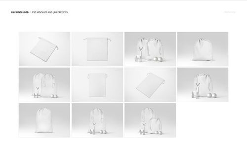 Christmas drawstring sacks mockup set showing large and small white fabric bags from various angles on a plain background.