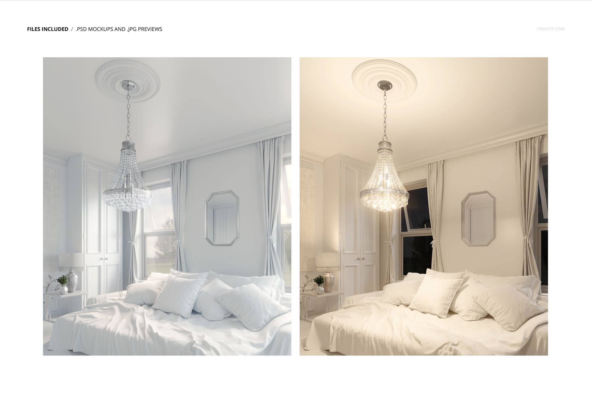Bedroom mockup set showing a spacious bed with white linens, crystal chandelier, and neutral decor from a front angle.