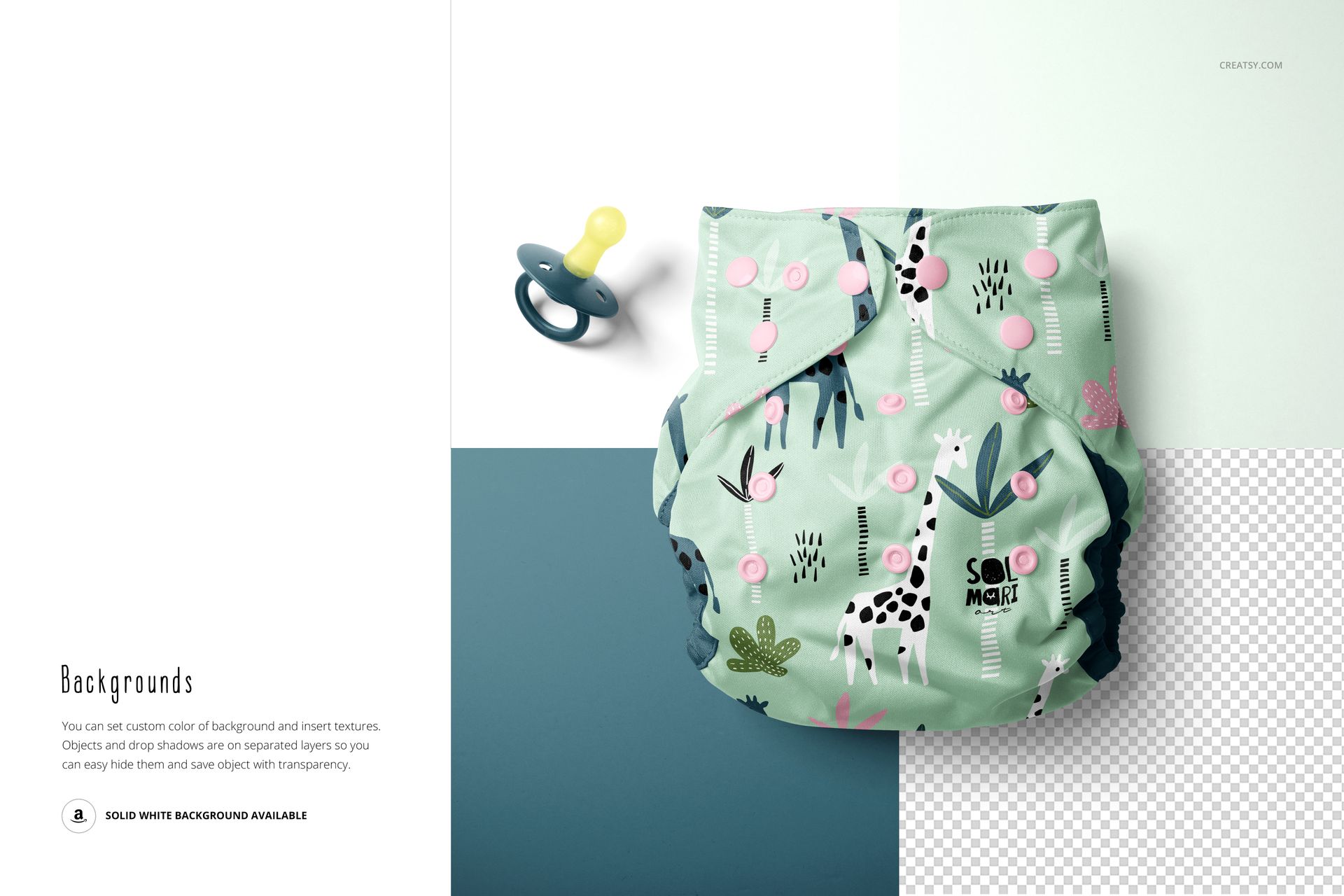 Top view of a mockup baby cloth diaper featuring a green base, giraffe and plant patterns, and a pacifier nearby.